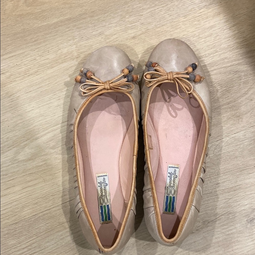 Beige Leather Ballet Flats with Bow Detail